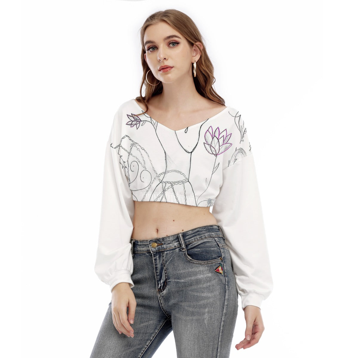 Women's V-neck Long Sleeve Cropped Sweatshirt