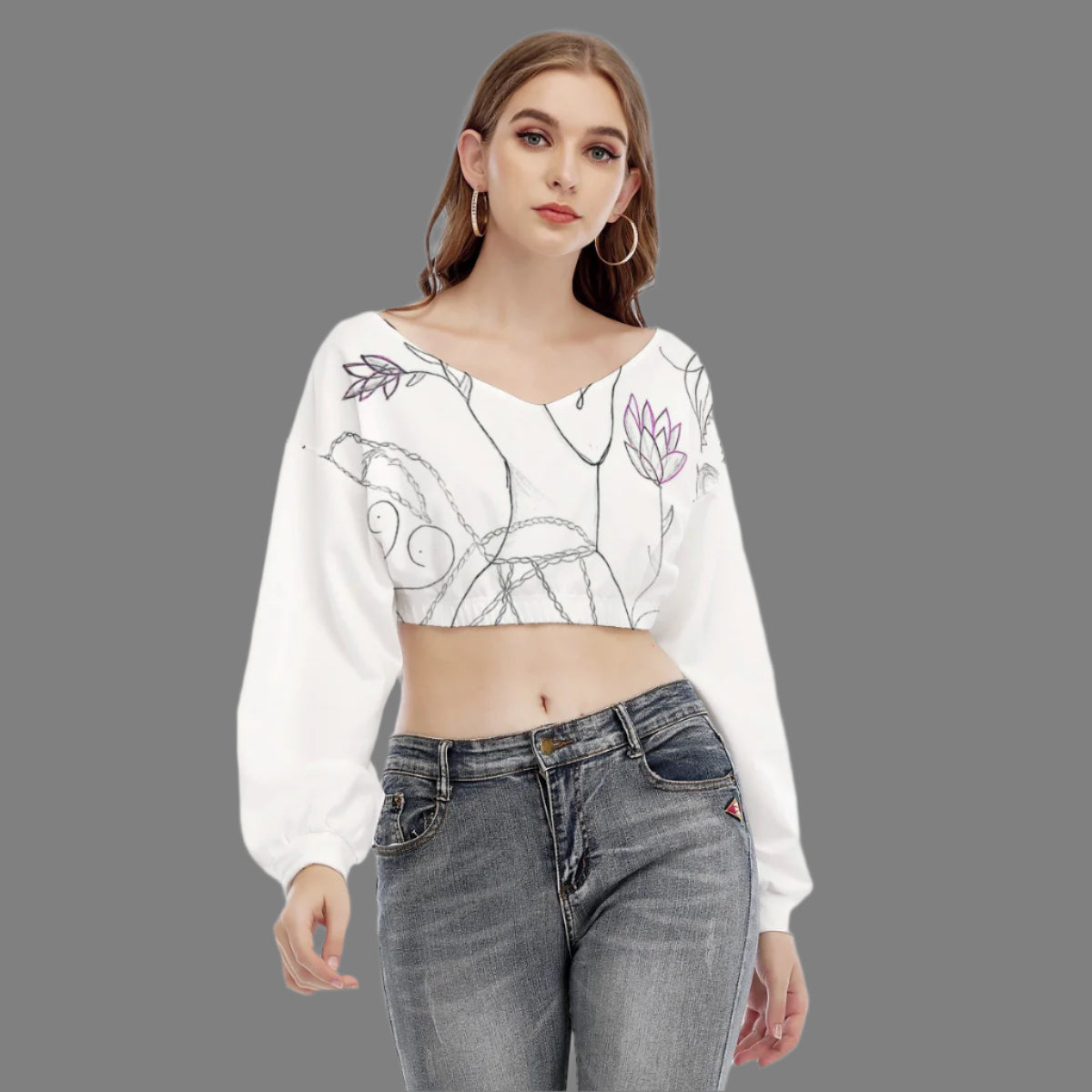 Women's V-neck Long Sleeve Cropped Sweatshirt