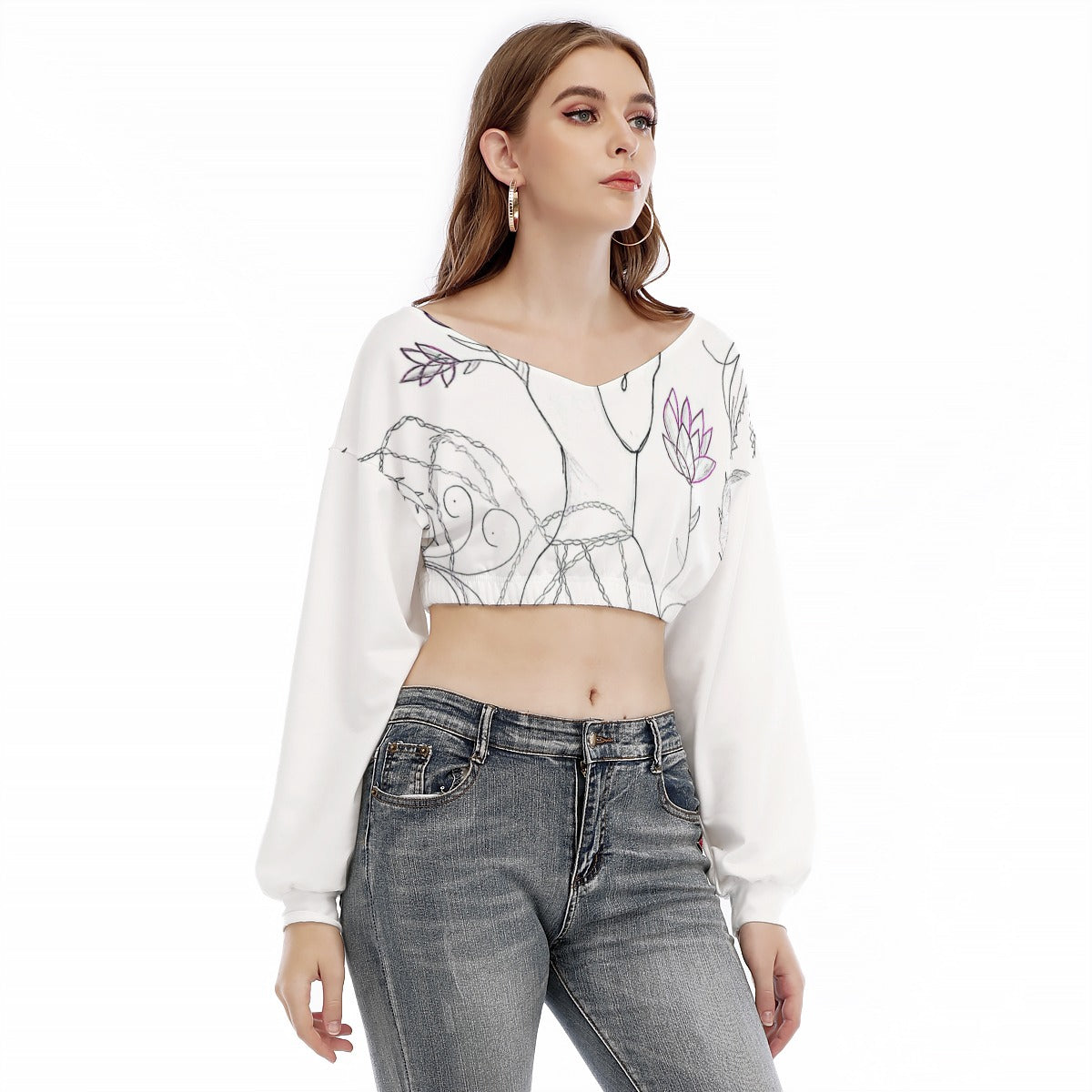 Women's V-neck Long Sleeve Cropped Sweatshirt